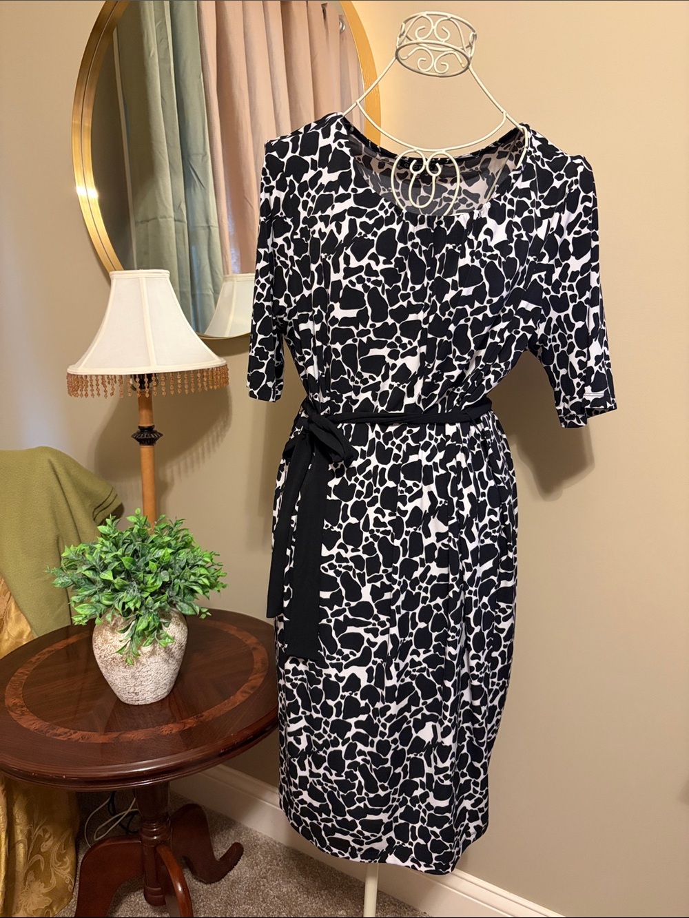 George Black & White Printed Tie-Waist Midi Dress